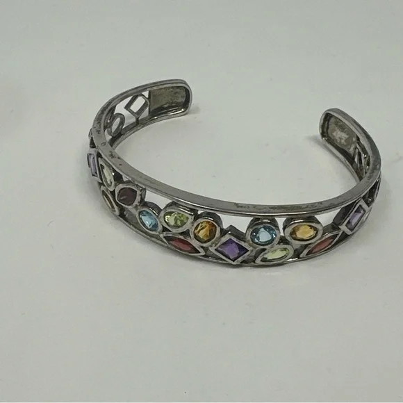 Rhodium Over Sterling Silver Multi-Colored Stone Cuff Bangle Bracelet 925 - Picture 10 of 10
